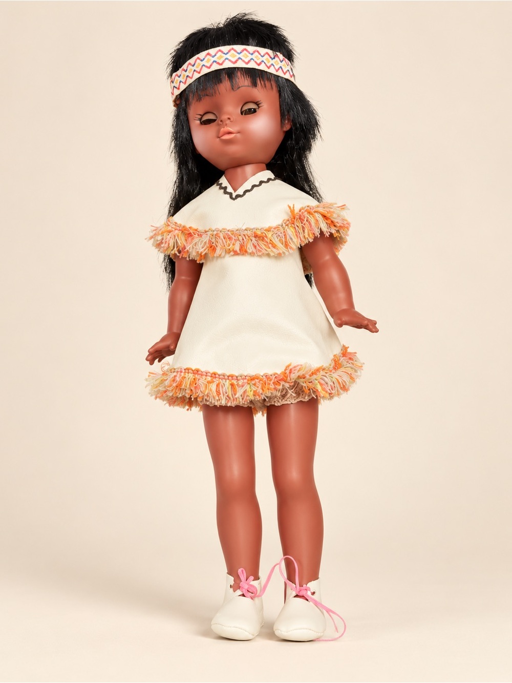Vintage Kids Doll in Cream Dress with Orange Trim